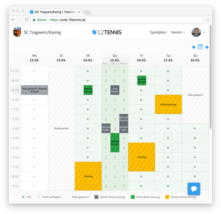 Online Tennis Buchungskalender von 12tennis.at